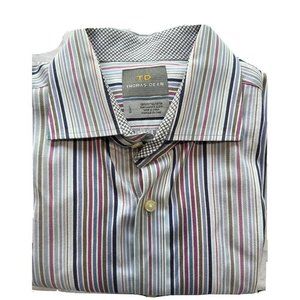 Thomas Dean Button Up Shirt Mens Large Flip Cuff Plaid Long Sleeve L‎ Striped